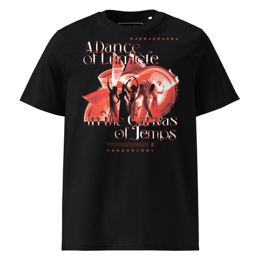 A Dance of Lumiere Unisex Organic Cotton T-Shirt red on dark by Sublument