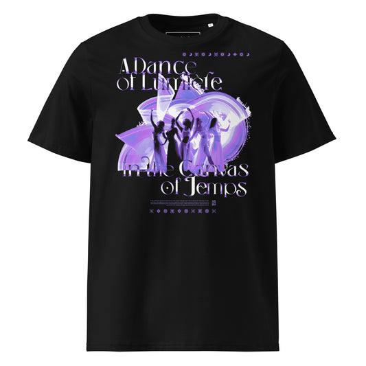 A Dance of Lumiere Unisex Organic Cotton T-Shirt by Sublument purple on dark